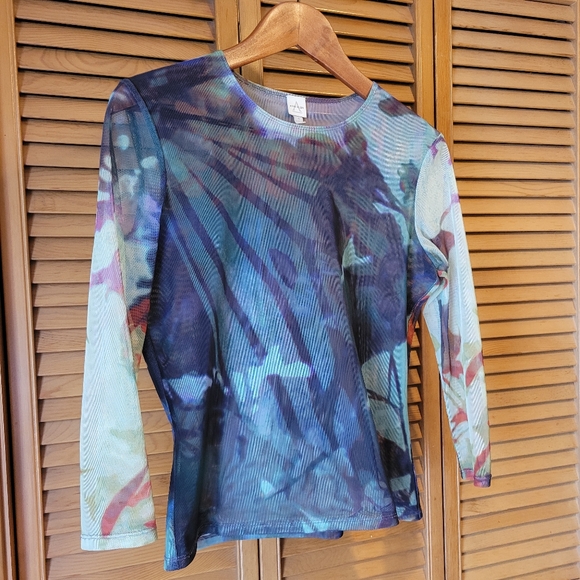 Anne Klein Abstract Colorful Long Sleeve Sheer Blouse - Picture 2 of 7